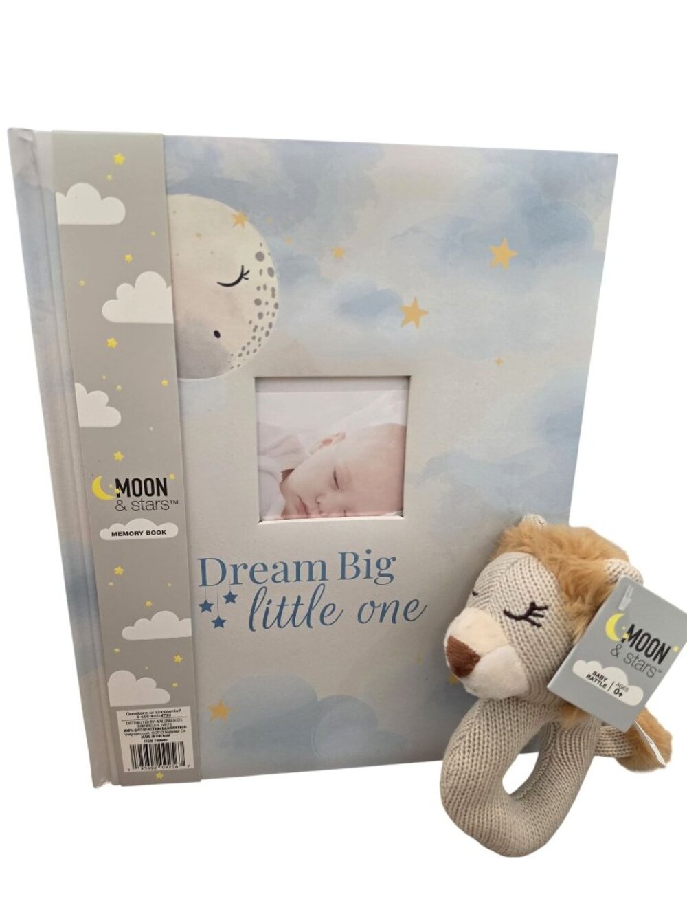 Dream Big Little One Baby Memory Book & Lion Rattle Gift Set By Moon & Stars